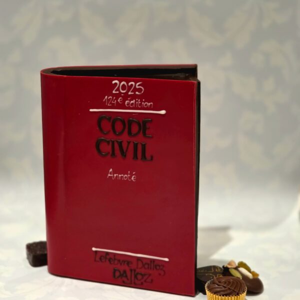 Livre du code civil en chocolat debout